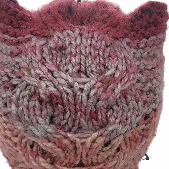 ⭐GIRL'S Handmade Striped Multicolor Knit Beanie Cat Ears Warm Winter Quirky Pink - Picture 5 of 7